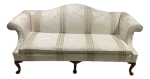 1990s Ethan Allen Georgian Court Queen Anne Camelback Sofa in Cream Damask