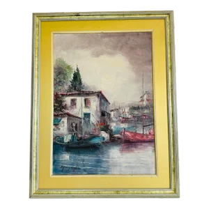 Vintage 1960s Framed Oil Painting of a European Harbor Scene