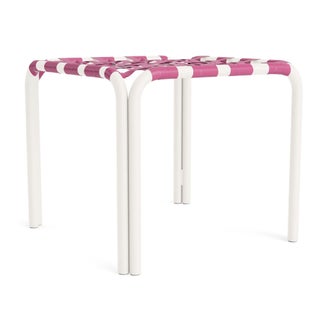 Brown Jordan Kantan Aluminum Stacking Stool/Occasional Table in Chalk with Hot Pink Vinyl Strapping For Sale