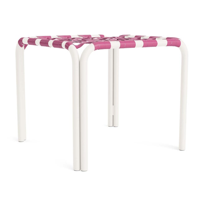 Brown Jordan Kantan Aluminum Stacking Stool/Occasional Table in Chalk with Hot Pink Vinyl Strapping For Sale
