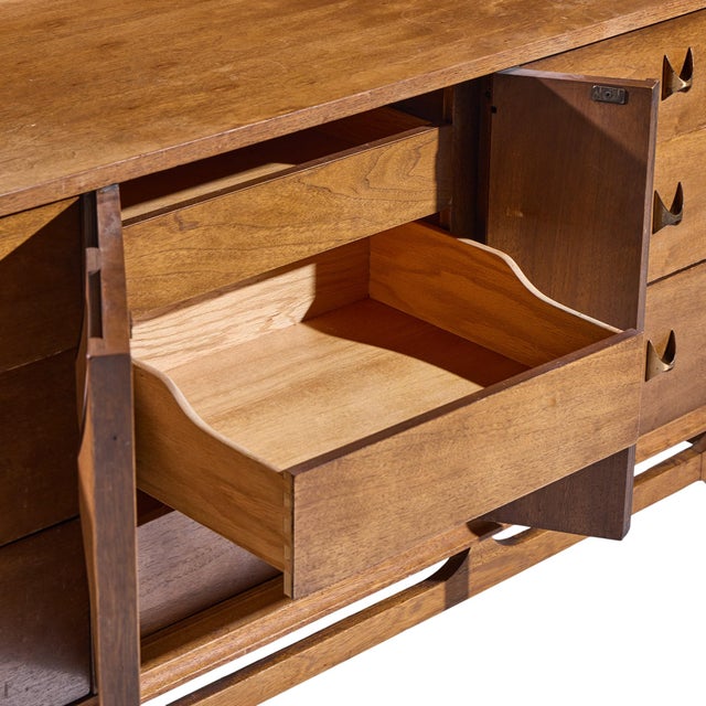 Brown Broyhill Brasilia Mid Century Walnut and Brass Lowboy Dresser For Sale - Image 8 of 10