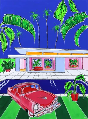 "Endless Summer" Original Fauvist Mid-Century House Portrait Acrylic Painting by Jonjo Elliott
