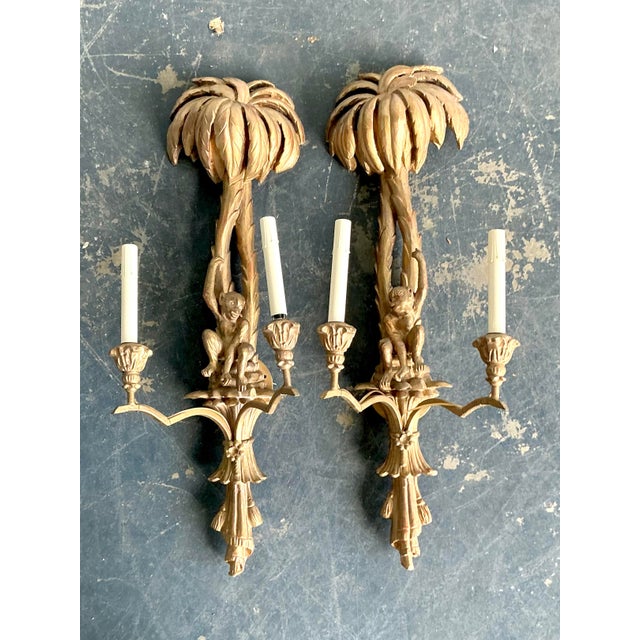 Metal Vintage Regency Gilt Tipped Monkey Light Sconce For Sale - Image 7 of 12
