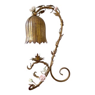 1950s Italian Gold Gilt Flower Lamp With Porcelain Flowers. For Sale
