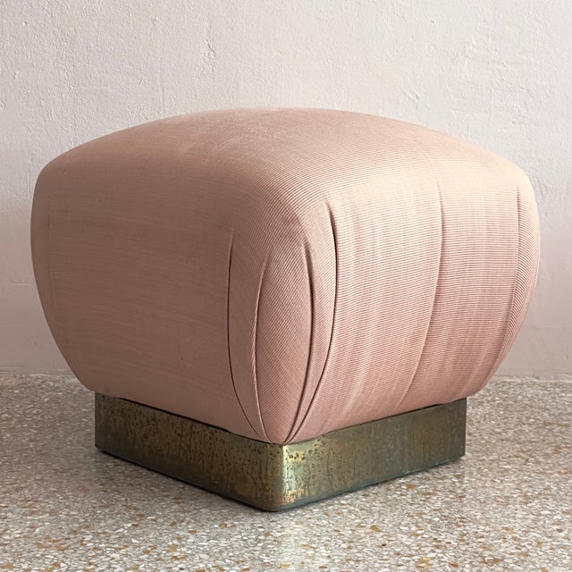 Metal Blush-Upholstered Brass-Based Soufflé Ottoman Poufs by Marge Carson Circa 1986 - A Pair For Sale - Image 7 of 12