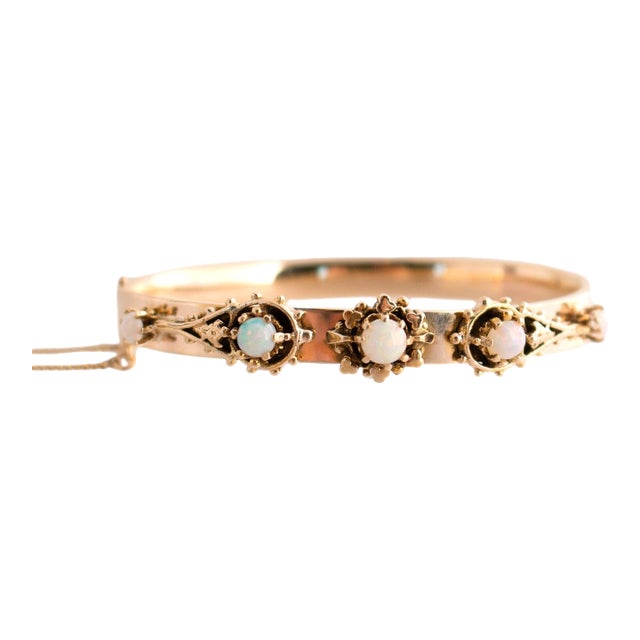 Vintage 5 Opal Hinged Bracelet in 14k Yellow Gold For Sale