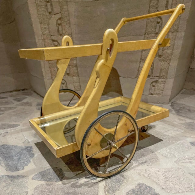 Aldo Tura 1950s Aldo Tura Italian Goatskin and Brass Swan Service Cart For Sale - Image 4 of 13