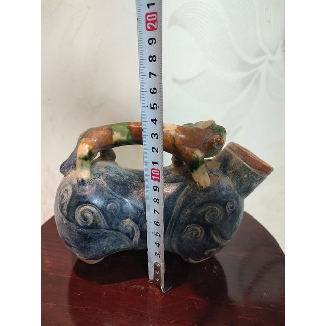 Early 20th Century Chinese Ceramic Pot Trio-Colored Glazed Pottery Water Pot Hand Carved Tiger Shape For Sale - Image 5 of 9
