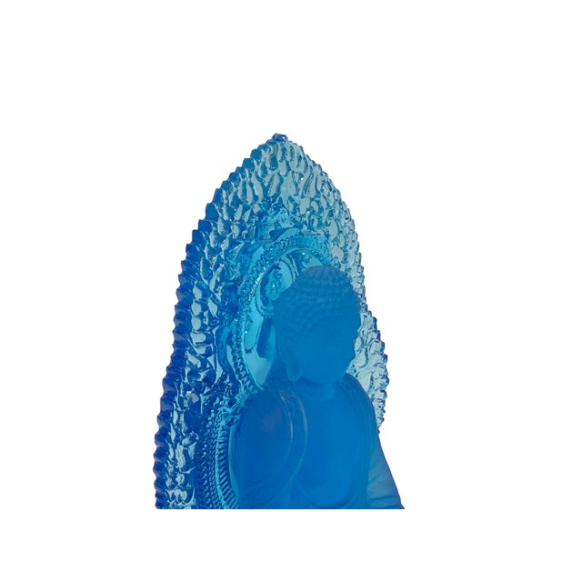Blue Crystal Glass Sitting Buddha Lotus Base Mandorla Halo Back Statue For Sale - Image 10 of 10