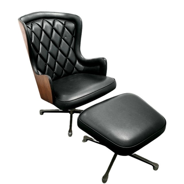 Black Mid-Century Modern Diamond Quilted Vinyl Lounge Chair & Ottoman For Sale - Image 8 of 8