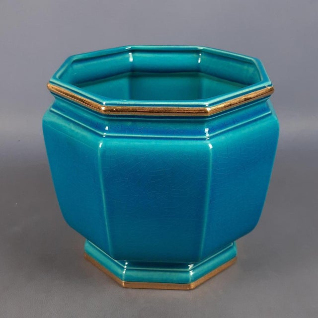 Vintage Octagonal Ceramic Vase in Turquoise Gold Crackle SC3 N.849, Italy, 1950s For Sale - Image 14 of 14