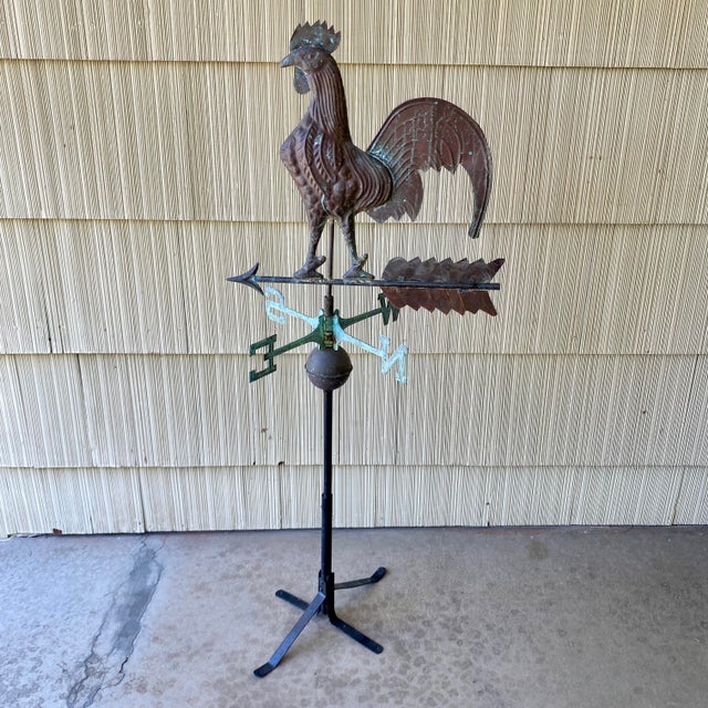 Rustic Copper Rooster Weathervane With Directionals (N, E, S, W) and Crown Roof Mount For Sale - Image 3 of 16