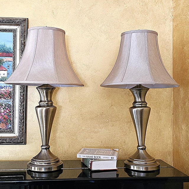 Pair of Vintage Stiffel Brushed Brass Table Lamps With Original Markings, Hollywood Regency Style For Sale - Image 14 of 18