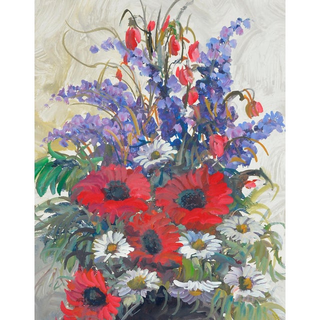 Delphinium, Daisies and Gerber Daisies - Red Floral Bouquet Still-Life For Sale - Image 4 of 5