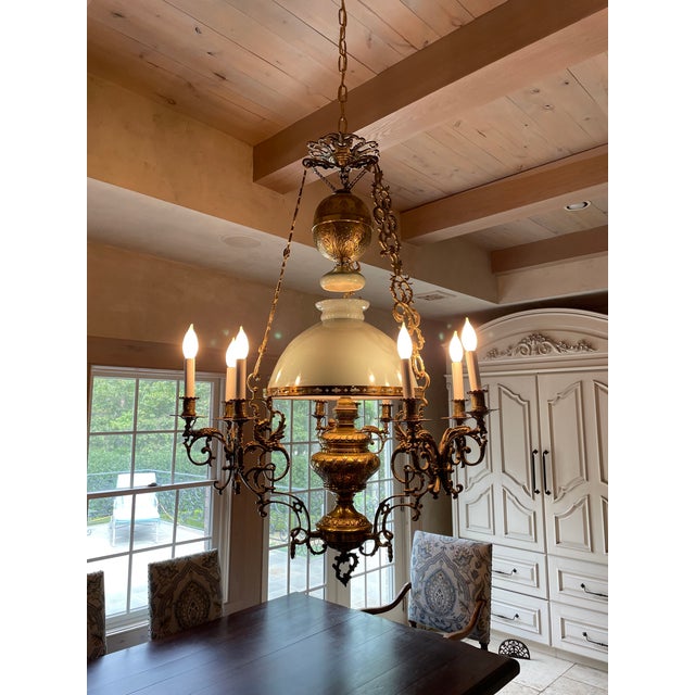 French 1890's French Large Blue & Brass Chandelier For Sale - Image 3 of 13