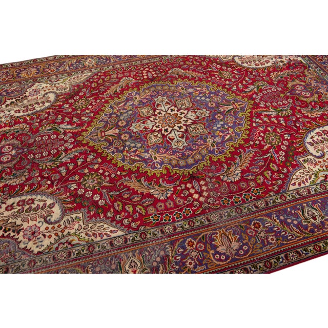 1960s Vintage Persian Tabriz Handmade Medallion Red Wool Rug For Sale In New York - Image 6 of 7