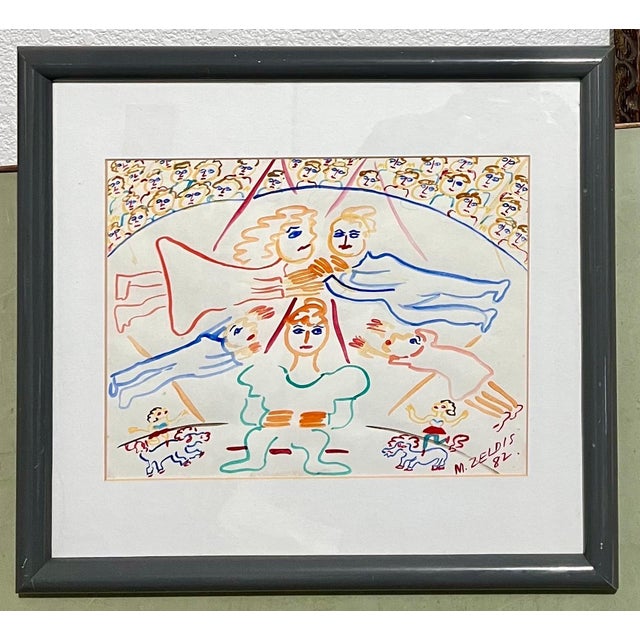Paper Malcah Zeldis, Malcah Zeldis Folk Art Gouache Painting Outsider Circus Trapeze Artist Acrobats, 1982 For Sale - Image 7 of 7