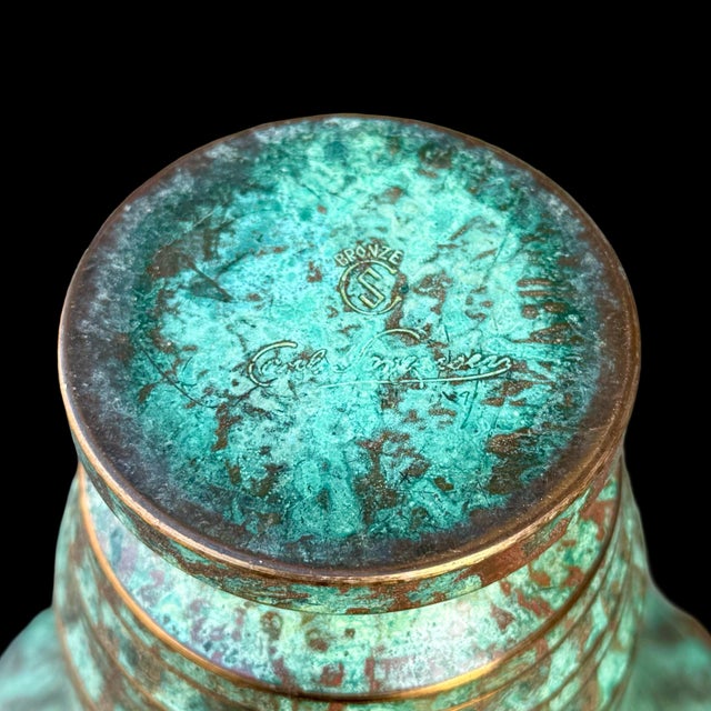Metal Vintage Carl Sorensen Art Deco Verdigris Bronze Trumpet Vase With Gilt Rings For Sale - Image 7 of 7
