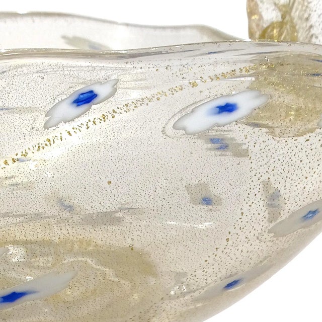 Murano Vintage Murano Gold Flecks White Blue Daisy Pattern Italian Art Glass Rope Handle Basket Bowl For Sale - Image 4 of 8