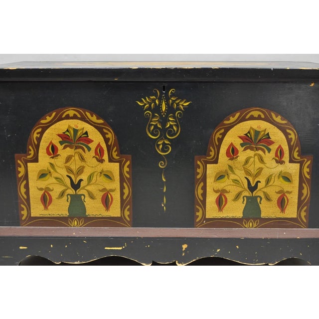 Traditional Antique Pennsylvania Dutch Colonial Blue Hand Painted Blanket Chest Trunk For Sale - Image 3 of 18