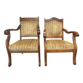 Pair of Antique American Empire Walnut Scroll Arm Upholstered Library Chairs, C. 1840–1870, Set of 2 For Sale