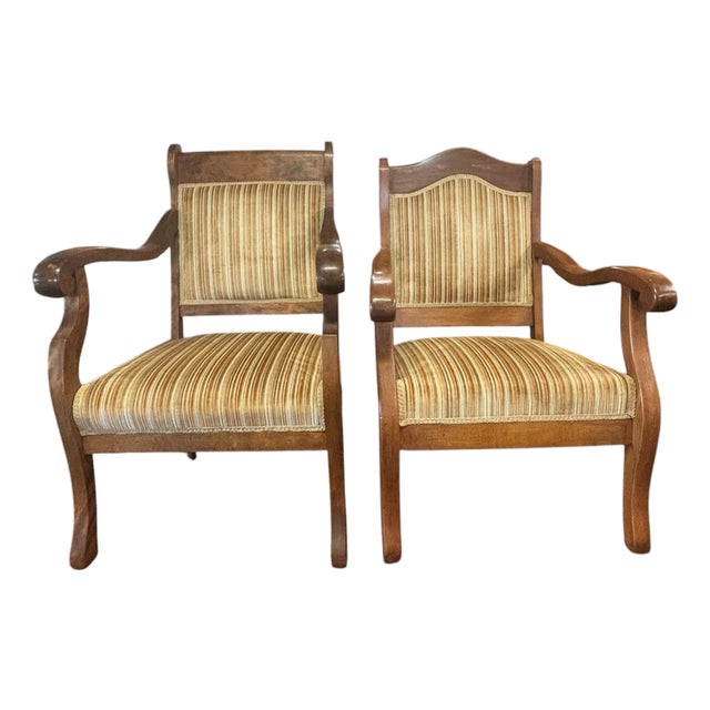 Pair of Antique American Empire Walnut Scroll Arm Upholstered Library Chairs, C. 1840–1870, Set of 2 For Sale