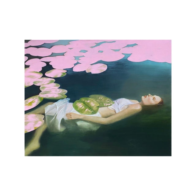 About the painting a dreamlike vision. A woman floats (ophelia) in a deep water. Her body drifts through dark, emerald...