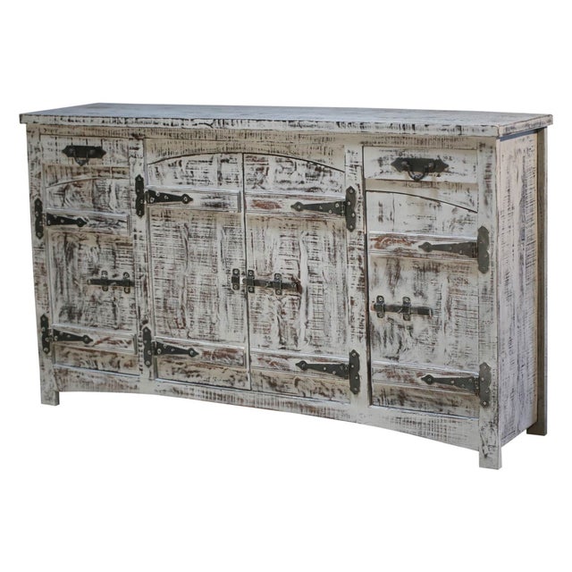 1940s 72 Inch Wide Distressed Gray Sideboard Buffet | Extra Long Farmhouse Credenza With Storage & Drawers | Solid Mango Wood 4 Door Cabinet For Sale In Houston - Image 6 of 7