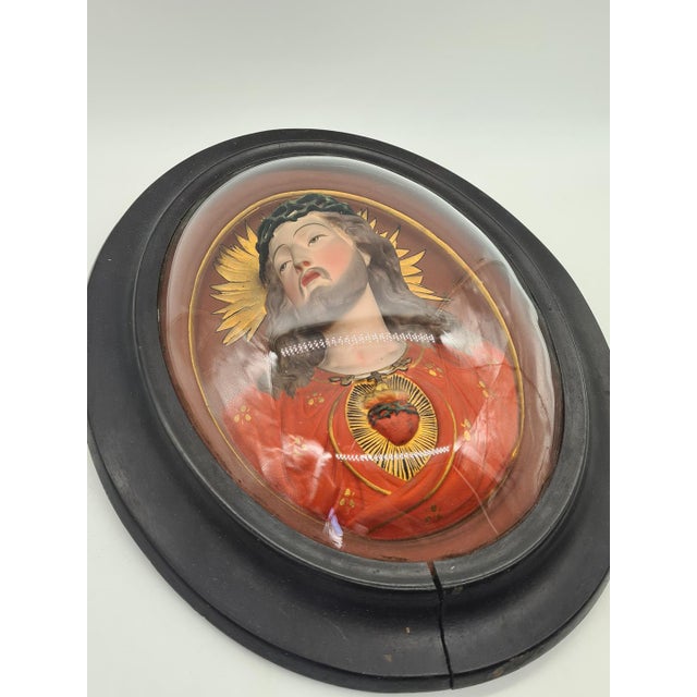 Antique Relief of the Sacred Heart of Jesus Under Domed Glass, 1890s For Sale - Image 5 of 15