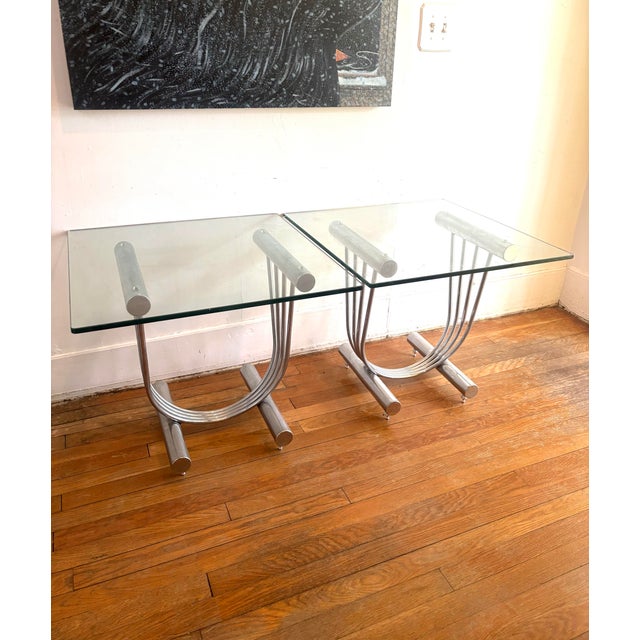 Mid century modern, Chrome U Shape Bases Glass Square Top End Side Tables Stands - A Pair