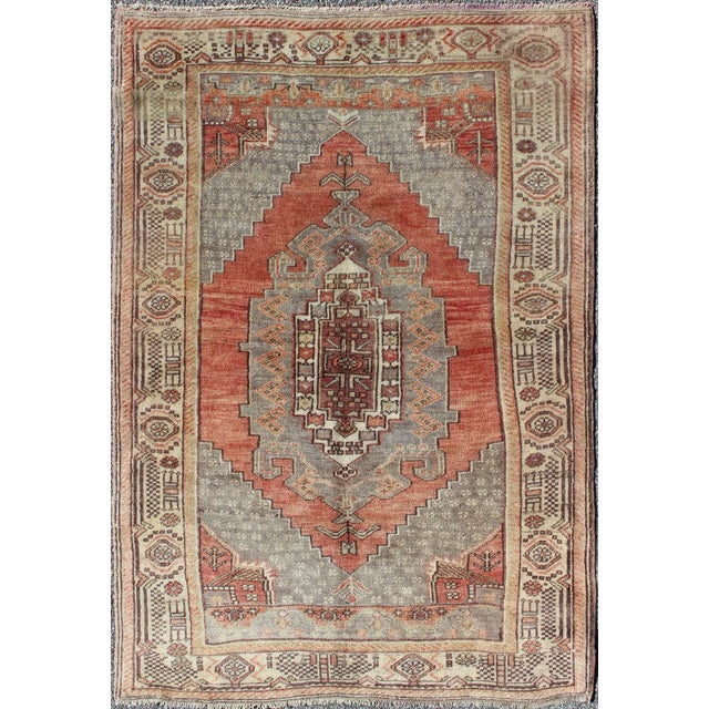 Textile Vintage Turkish Oushak Rug With Geometric-Tribal Motifs in Red-Orange and Gray For Sale - Image 7 of 7