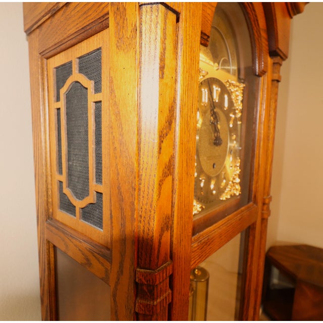 1980s Vintage Howard Miller “Beaumont” Triple-Chime Oak Grandfather Clock, Model 610-259, Circa 1985 For Sale - Image 5 of 17