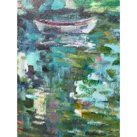 Late 20th Century Vintage Framed Impressionist Painting of Garden Pond With Rowboat, Signed "Spehar," For Sale - Image 5 of 14