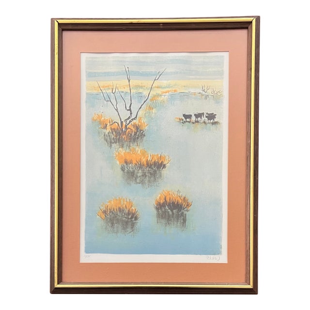 Vintage French Landscape Lithograph Bulls on the Water For Sale