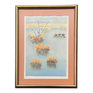 Vintage French Landscape Lithograph Bulls on the Water