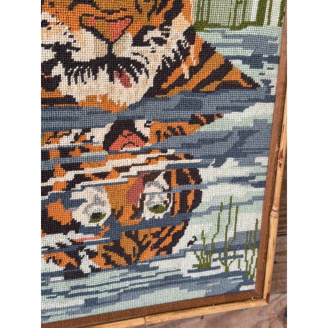 Vintage Boho Safari Tiger Needlepoint Wall Art in Bamboo Trim Frame For Sale - Image 9 of 12