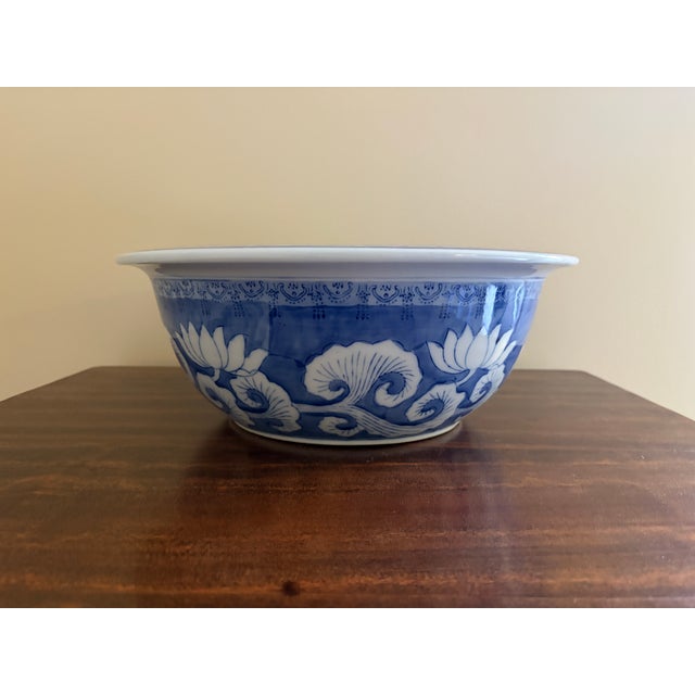 Ceramic Chinoiserie Blue and White Porcelain Large Decorative Bowl With Koi Fish Motif For Sale - Image 7 of 7