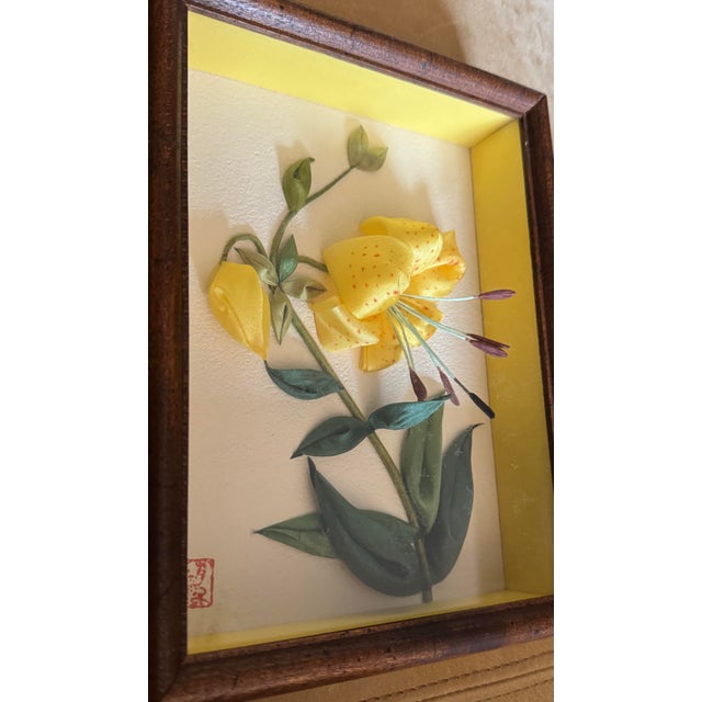 Japanese Vintage Japanese 3d Silk Ribbon Floral Shadowbox Art Framed Yellow Lily Botanical Wall Art For Sale - Image 3 of 8