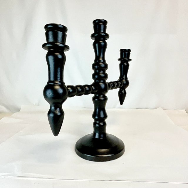 Cinco De Mayo - Vintage Boho Chic Mexican Ebonized Hand-Turned Wood 3-Arm Candelabra. For Sale - Image 4 of 9