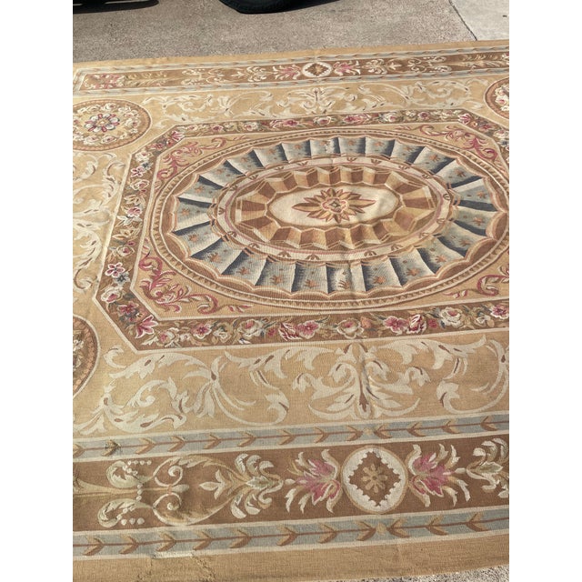Textile Aubusson Flatweave Rug in Gold, Beige-Brown & Blue Florals For Sale - Image 7 of 12
