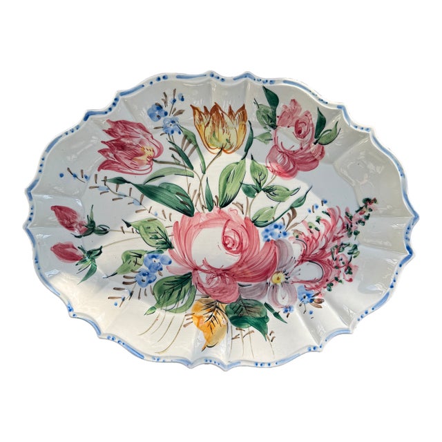 Italian Hand Painted Floral Platter For Sale