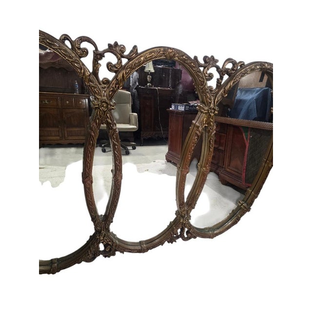 Vintage Hollywood Regency Triple Oval Gilt Wall Mirror For Sale - Image 6 of 6