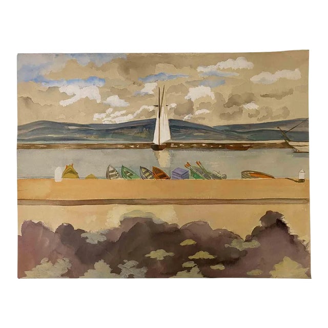 The Boat in the Dock, Original Watercolor, 1940s For Sale