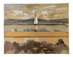 The Boat in the Dock, Original Watercolor, 1940s
