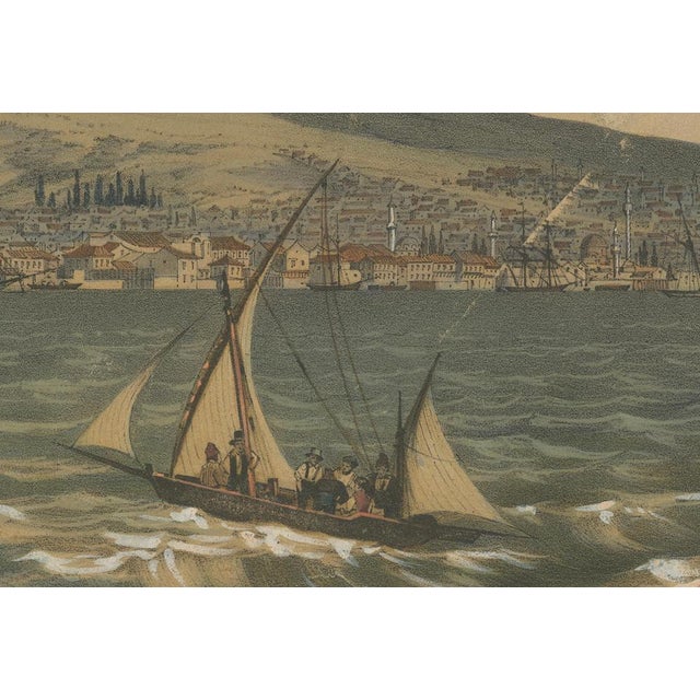 Théodore du Moncel, View of the Dardanelles: Fortified Hill and Ships, Hand-Colored Lithograph, 1840s For Sale - Image 4 of 9