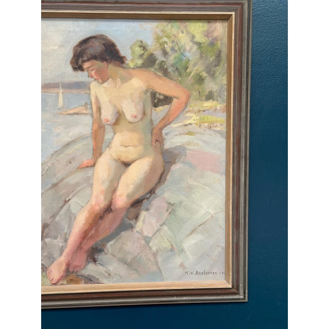 Karl Vilhelm Anstensen, Coastal Scene with Sunbathing Nude Woman, 1957, Oil Painting on Canvas, Framed For Sale - Image 8 of 17