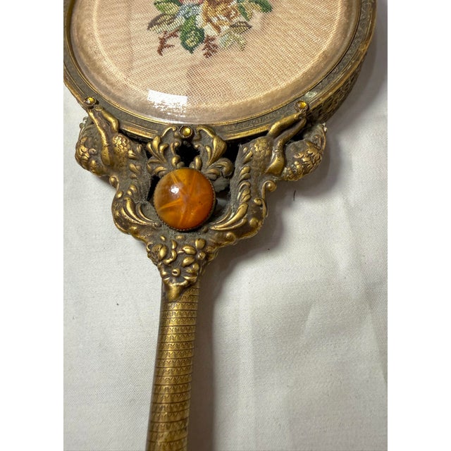 Large Antique 19th Century Gilt Bronze Petit Point Embroidery Vanity Hand Mirror For Sale In New York - Image 6 of 14