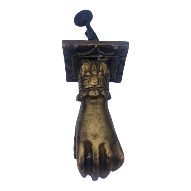Antique Bronze Hand Door Knocker With Strike Plate For Sale