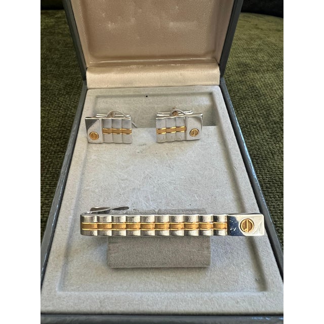 Metal Rare Vintage Dunhill Cufflinks & Tie Clip Gold Plated, Steel With Original Case For Sale - Image 7 of 8