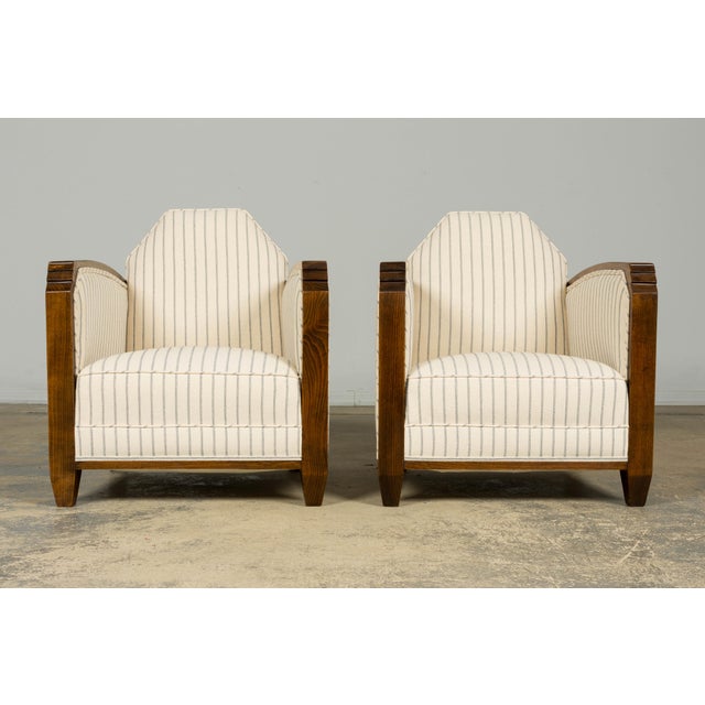 Art Deco Pair of 1930s French Art Deco Oak Lounge Chairs in Blue Striped Fabric For Sale - Image 3 of 17